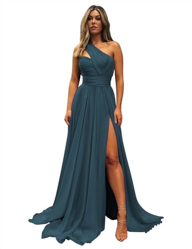 One Shoulder Chiffon Long Bridesmaid Dresses for Women with Slit A-Line Ruched Formal Gowns with Pockets ZO020
