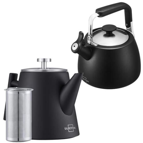 SILBERTHAL Set Hervidor de agua silbante 2,8l - Acero inoxidable - Tetera termo negra