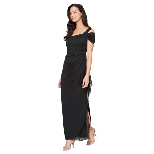 Alex Evenings Women's Long Cold Shoulder Mother of The Bride Dress with Beaded Detail at Hip (Petite and Regular Sizes)