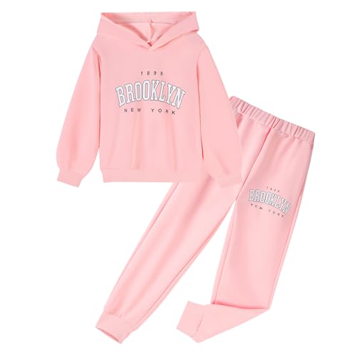 Image of Kids Girls Outfits 2 Piece Letter Print Hoodie Sweatshirt and Jogger Sweatpants with Pockets Clothing Sets for Girls
