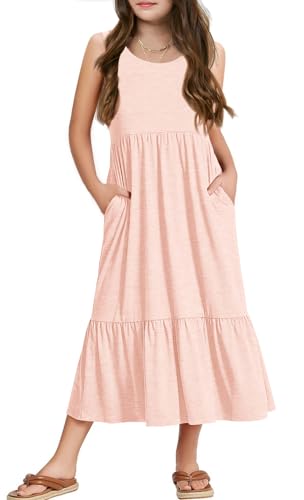 Haloumoning Robe d'été sans manches pour fille - Col rond - Robe longue - Robe décontractée - Robe Sundress, Rose, 10-12 ans