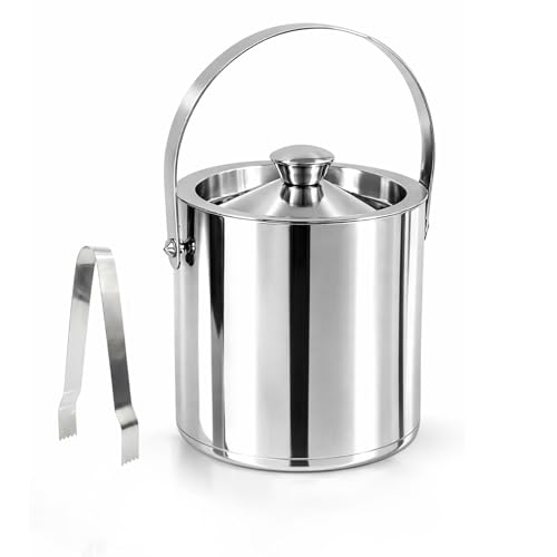 Image of finality Premium Stainless Steel Ice Bucket with Tongs and Jigger - 1 Litre Double Walled Insulated Ice Box for Bar, Home & Parties (Silver Polish IB + Tong)
