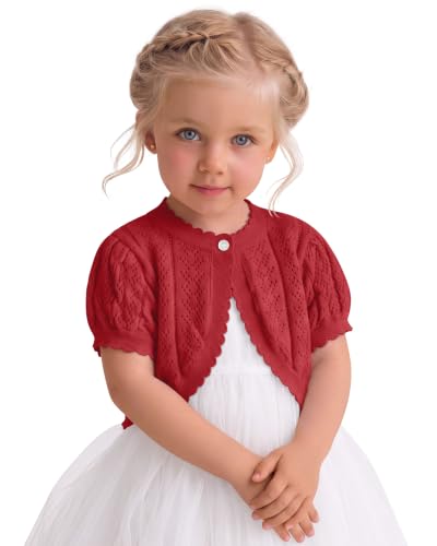Image of Toddler Girls Cardigan Sweater | Short Sleeve Cardigan, School Wear Sweater, 18M-5T, Knit Baby Bolero Shrug, Cropped Puff Summer Tops, Button Open Front Shirt