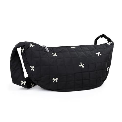 Bow Embroidered Sling Bag, Crossbody Bags for Women with Pocket & Zipper, Puffer Tote Bag with Shoulder Strap