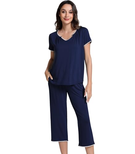 Image of NACHILA Bamboo Viscose Women's Pajamas Set Short Sleeve Pjs and Capri Pants