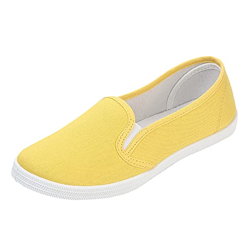 Tygskor dam slip-on fritidsskor sneakers – platta andningsbara sneakers utan skosnören löparskor sportskor – bekväma segelskor joggingskor träningsskor enfärgade, GUL, 40 EU