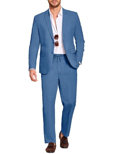 COOFANDY Mens Cotton Linen Suit 2 Piece Sport Coat Beach Wedding Travel Jacket Blazer Homecoming Tuxedo Casual Trousers Blue