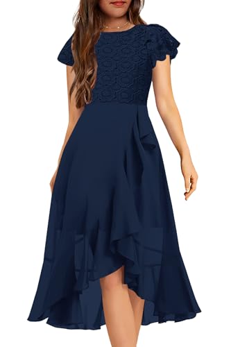 HOSIKA Girls Vintage Lace Chiffon Ruffle Sleeve A-Line Wedding Party Junior Bridesmaid Dress for Kids 6-12 Years