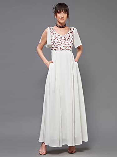 Image of Miss Chase Women's Round Neck Sleeve Embellished Fit Flare Maxi Dress