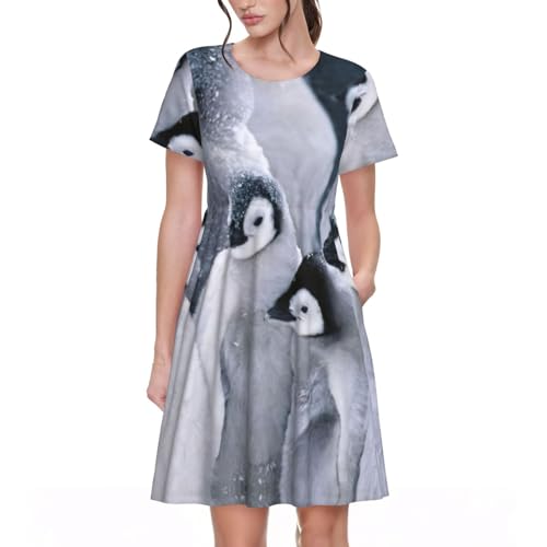 Robe de plage manches courtes et col rond au motif pingouin original