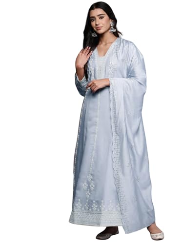 Image of Libas ART Embroidered Silk Blend A-Line Kurta With Trousers and Dupatta