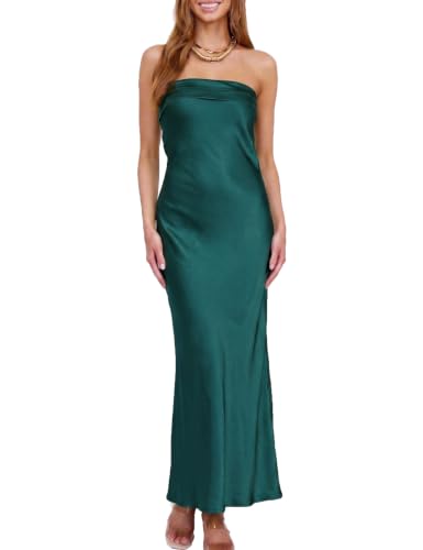 Image of Realtix Summer Satin Strapless Backless Maxi Dress for Women Wedding Guest