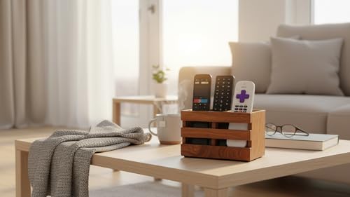 Image of Wooden Remote Control Holder Stand for Living Room & Bedroom | 2 Compartment Remote Organizer for TV, Sofa & Side Table | Brown