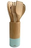 edge Bamboo Wooden Utensils Set with Caddy (Mint, 12-Piece)