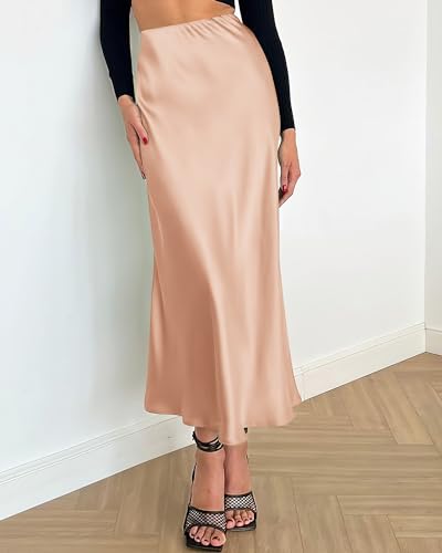 Image of BTFBM 2026 Summer Womens Skirts Silk Elegant High Waist Flowy Long Satin A-Line Midi Skirt Cocktail Wedding Party