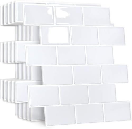 Yoillione Grueso Azulejos Adhesivos Cocina: 10-Piezas Baldosa Vinilo Cocina Pared - 3D Azulejo Metro Adhesivo, 30x30 cm (Blanco Puro)