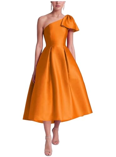 Satin One Shoulder Evening Dresses for Women Tea Length Prom Gowns for Women A Line Elegant Wedding Guest Dress