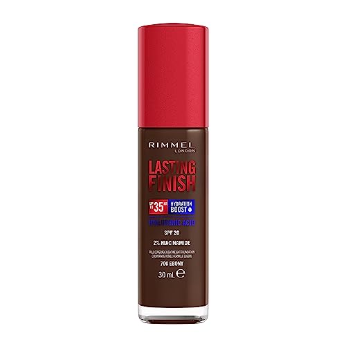 Rimmel Lasting Finish 35Hr Foundation 700 Ebony, Full Coverage, Hydrating, SPF20, Hyaluronic Acid, Vitamin E, 2% Niacinamide