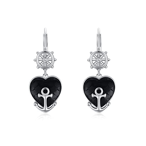Nautical Anchor Earrings 925 Sterling Silver Heart Leverback Drop Dangle Earrings Black Mermaid Scale Earrings Navy Sailor Anchor Jewelry Gifts for Women