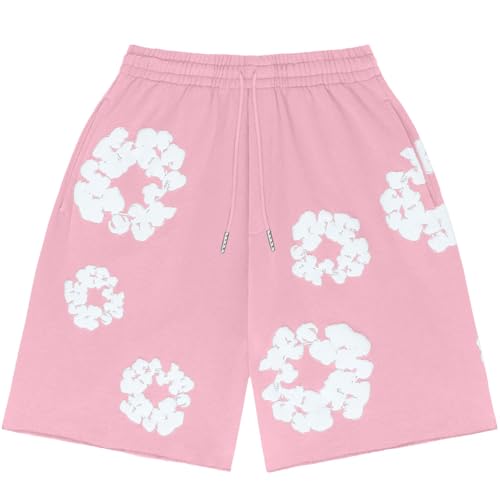 Kurze Hosen Herren Shorts Sommer Leicht Sportshorts Baumwolle Blumen Freizeit Hose Herren Kurz Laufhose Y2K Hip Hop Strandshorts mit Tasche(Rosa,S)