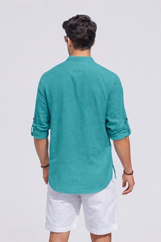 Image of Men's Cotton Blend Straight Kurta Shirt with Mandarin Collar - Slim Fit Casual Short Kurti Featuring Textured Slub Fabric and Roll-Up Full Sleeves