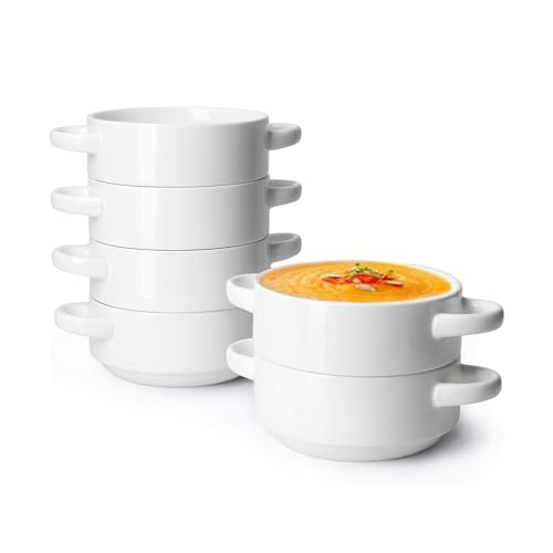 Sweese Porcelain Soup Bowls with Handles, 20 Ounce French Onion Soup Bowls, Stackable Serving Bowls for Chili, Beef Stew, Oven Microwave Dishwasher Safe, Set of 6, Gift, White