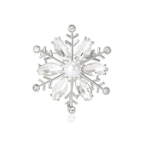 Crystal Snowflake Brooch for Women Rhinestone Winter Snowflake Brooch Pin Christmas Brooch Pearl Snowflake Brooch Elegant Clothing Hat Bag Skirt Accessories Christmas Birthday Party Costume Jewelry (White)