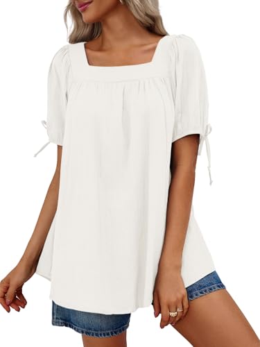 Tankaneo Womens Square Neck Babydoll Tops Summer Puff Short Sleeve Tunic Shirts Casual Loose Fit Blouse2
