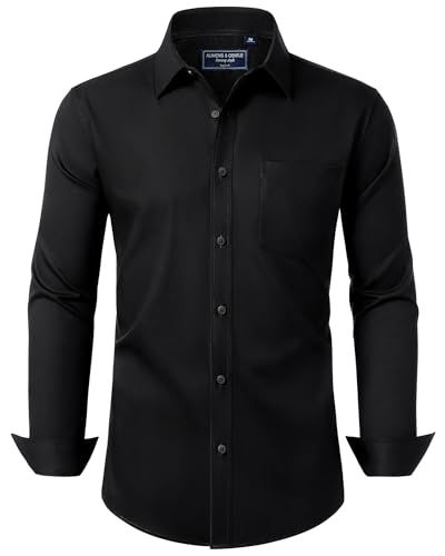 Alimens & Gentle Herren Hemd Langarm Business Unifarben Tasche Shirt Hemden Regular Fit Bügelleichtes Schwarz L