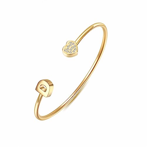 Image of VQYSKO Heart Initial Cuff Bracelets for Woman-CZ Stainless Steel Adjustable Open Bracelet Woman Jewellery,Birthday Gifts for Woman