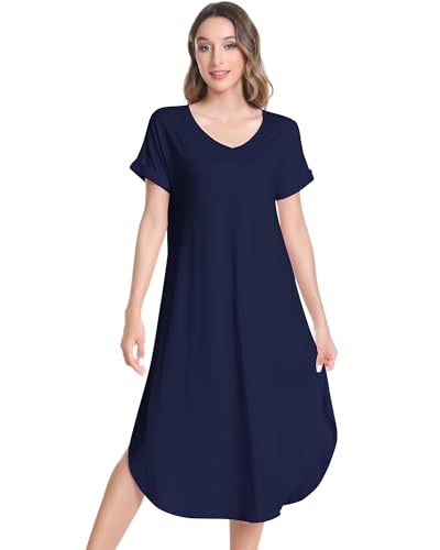 Image of NACHILA Nightgowns for Women-Viscose Made from Bamboo, V Neck Sleepshirts Short Sleeve Sleepwear Cool Nightshirt