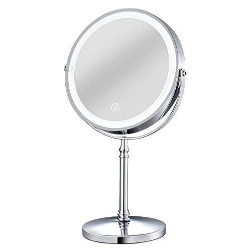 Lighted Makeup Mirror, 7.8” LED Vanity Mirror 10X Magnifying Double Sided Swivel Cosmetic Mirror, Rotatable Round Tabletop Mirror, Silver, CD-3NJA-5X0P