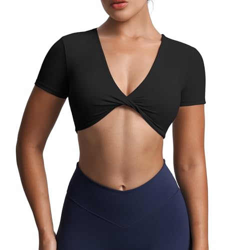Image of Aoxjox Short Sleeve Crop Tops for Women Sienna Twist Deep V Workout Cropped T Shirt Top