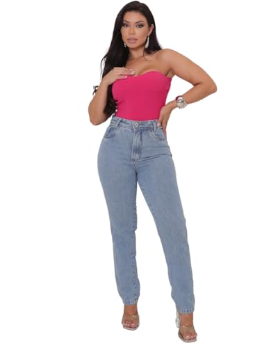 Calça Jeans Feminina Shopee Mom Cintura Alta Tecido Grosso Premium Lisa Trabalho Premium (BR, Cintura, 34, Slim, Regular, Padrão, Lavagem Média)