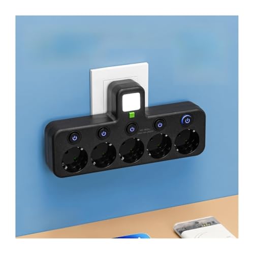 Convertidor de 1 a 4 con interruptor de luz nocturna, regleta de enchufes con múltiples orificios, enchufe for el hogar, enchufe europeo, 4 enchufes con puertos USB tipo C(Black NO USB)