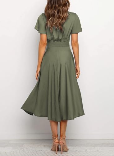 Image of miduo Womens Satin V Neck Ruffle Short Sleeve Tie Front High Waist Midi A-Line Maxi Dresses