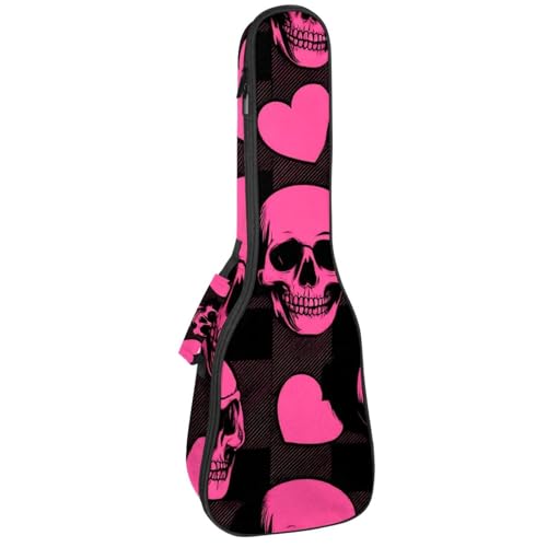 Pink Skulls and Hearts Black Background Ukulele Case, Padded Bag for 23 Inch Concert Ukulele, Waterproof & Durable