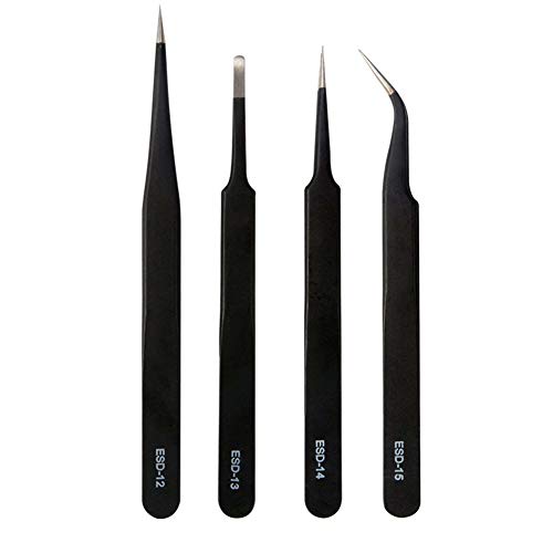 Tovip - Juego de 4 pinzas ESD antiestáticas de acero inoxidable para extensión de pestañas, electrónica, joyería, pinzas de punta recta y curvada, color negro Cover
