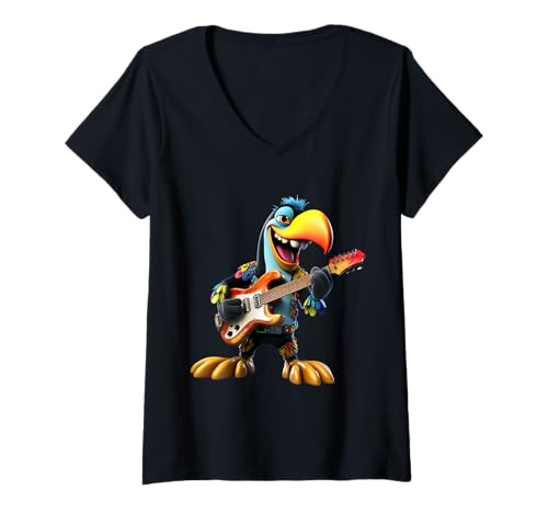 Mujer Tucán Mecedora Guitarrista Eléctrica Dibujos Animados Camiseta Cuello V