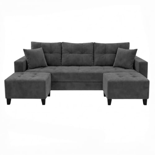 Image of SLEEPIFY Harlon Velvet-Suede Fabric 3 Seater Sofa Set with 2 Ottoman (Dark Gray) | Comfortable & Spacious Seating | Modern Sofa Set for Living Room | Soft Touch Upholstery