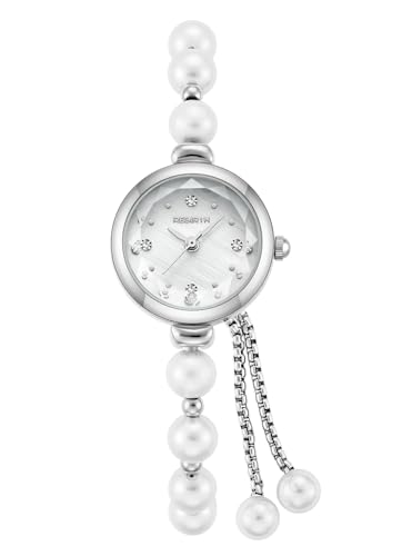Elegant Pearl Silver Watch for Womens Dress Fashion Round Small dial Women Analog Quartz Women Bracelet Pearl Watch (Silver)
