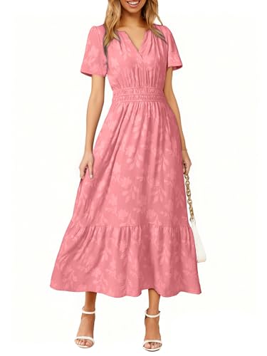 Image of Simplee Womens Summer Boho Maxi Dress Semi Formal Wedding Guest Short Sleeve V Neck Empire Waist Floral Long Dresses