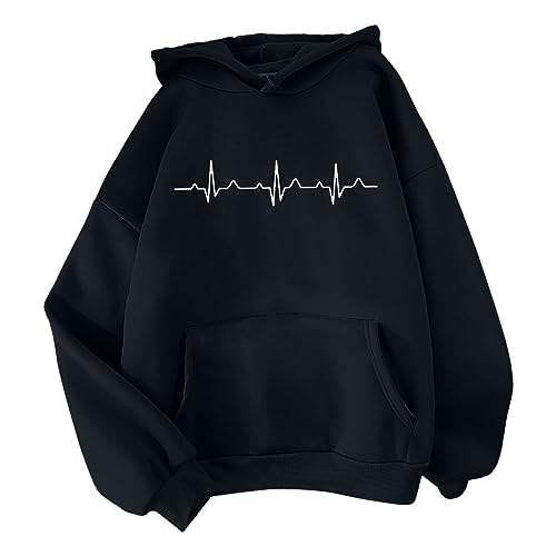 AMDOLE Sudadera con capucha para mujer con estampado de latidos de corazón, con cordón, suelta, cómoda, sudadera blanca con capucha para mujer, Negro , 3XL