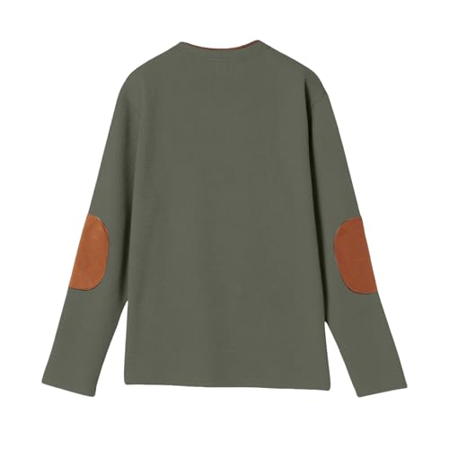 Men's Waffle Sweatshirt Casual Knit Pullover Stylish Cozy Button V Neck Long Sleeve Henley Shirts with Elbow Patches4