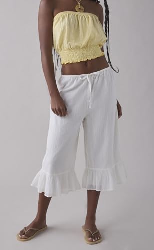 Image of UAURORAO Women Lace Trim Long Bloomers Elastic Mid Rise Ruffle Pantaloons Cropped Flared Slips Pants Pajama Bottoms
