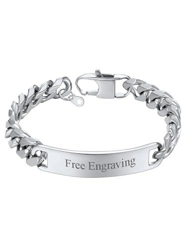 ChainsHouse Personalized ID Bracelets, Valentine's Gift for Lover,Gift for Father Custom Cuban Stainless Steel ID Bracelet 10mm 21cm
