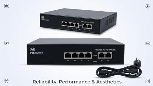Image of 4-Port Gigabit PoE Switch with 2 Uplink Ports, IEEE 802.3af /at PoE Network Switch, 250m Extend Mode, Metal Housing, Plug & Play for IP Cameras, CCTV, Access Points