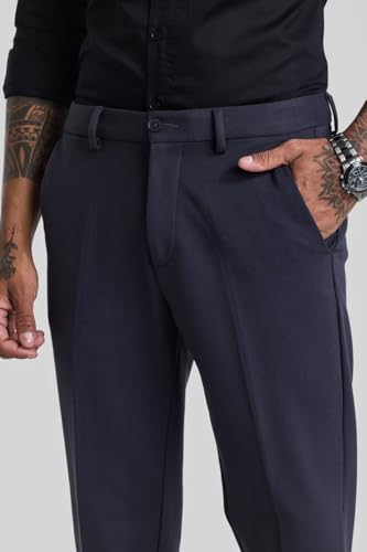 Image of SNITCH Slim Fit Greyish Blue Plain Trousers