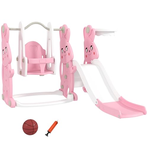 Qaba 4 in 1 Toddler Slide and Swing Set, Kids Playset for Ages 1.5-4, Rabbit Themed Children Slide Playground with Climber, Basket Hoop, for Indoor Outdoor Backyard, Pink