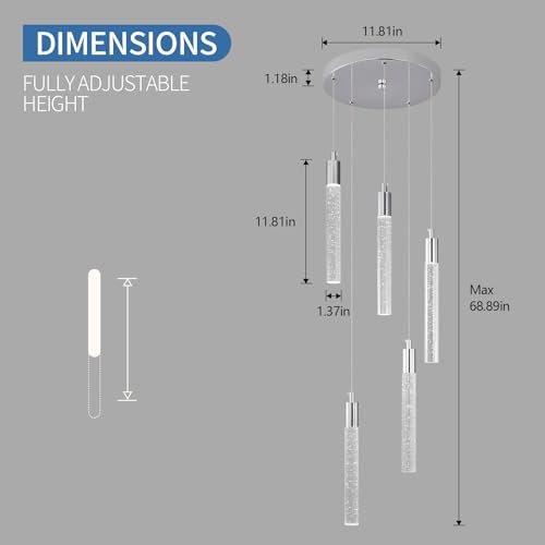 Image of Modern Light Fixture Kitchen Island Pendant Light Dimmable LED Chrome Pendant Lights Mini Crystal Pendant Lighting for Bedroom Dining Room Living Room(5-Light )